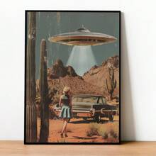 1PC, obraz wiszący na płótnie, obraz dekoracyjny w ramie, plakat UFO, dekoracja ścienna w stylu vintage, plakat science fiction, sztuka ścienna UFO Alien Desert, dziewczęcy wydruk ścienny, estetyczna dekoracja pokoju