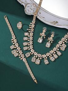 4pcs Luxury Middle Eastern Style Necklace Sets, Multi-Layer Copper Inlaid White Zirconia Jewelry Sets, Party Wedding Gift Accessory For Women