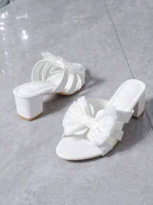 Sandalias de tacón medio gruesas con punta redonda, tiras blancas, hebilla y moño, de 5,5 cm de altura, para mujer. Sandalias romanas clásicas, retro y sexys para boda, fiesta, novia, tallas extra anchas del 41 al 44 - Blanco - Ver 8