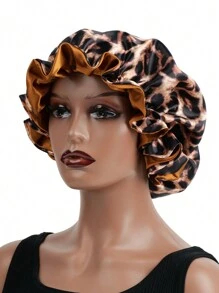 1pc Leopard Print Satin Patchwork Sleeping Cap, Suitable For Curly And Straight Hair - Multicolor - View 3