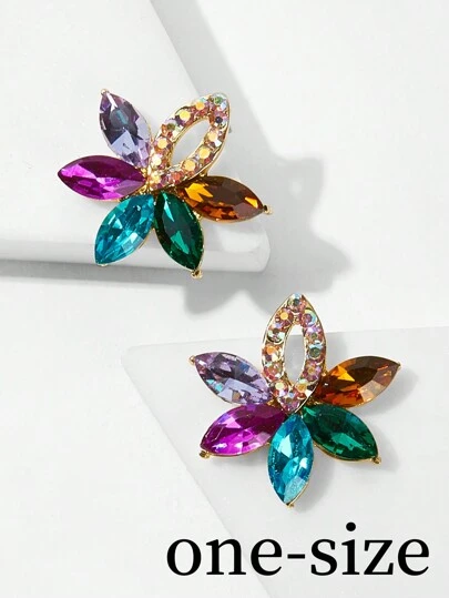 2pcs Colorful Multi-Layer Flower Rhinestone Stud Earrings, Gift For Women, Suitable For Daily, Date, Vacation