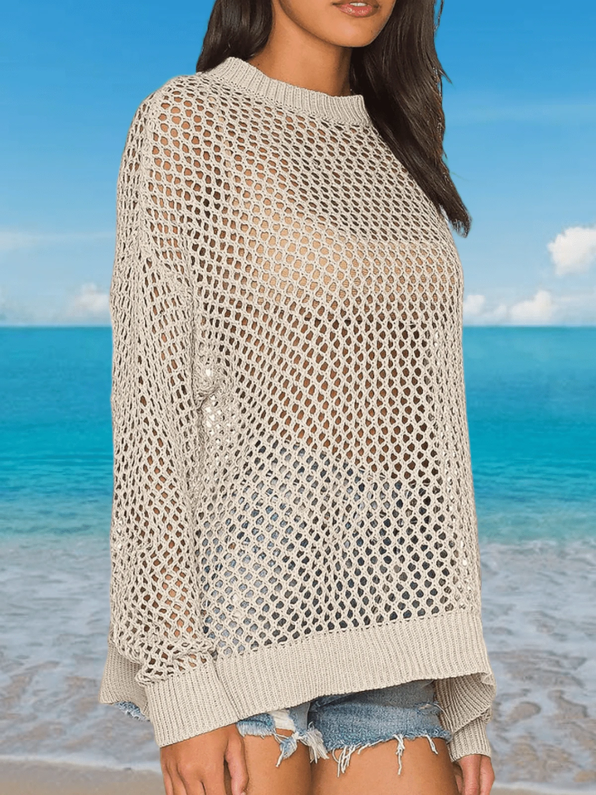Womens Crochet Tops Long Sleeve Beach Summer Sweater Crew Neck Mesh S Swimsuit Tunic Pullover Tops Christmas Gift & New Year Gift - 卡其色 - 查看 1