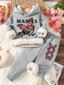 2pcs Toddler Cartoon Pattern Print Warm Hoodie & Sports Pants Sets