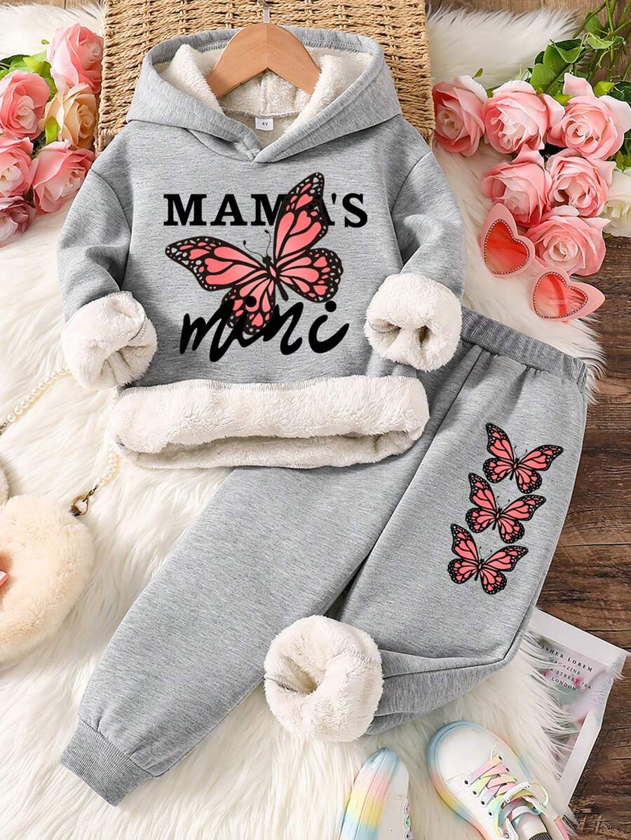 2pcs Toddler Cartoon Pattern Print Warm Hoodie & Sports Pants Sets
