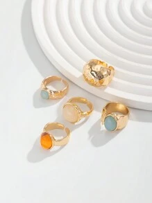 7 件复古时尚几何玉石镶嵌戒指套装，厚金属金色戒指适合女性日常佩戴和派对装饰，礼品首饰套装 - 金黃色 - 查看 9