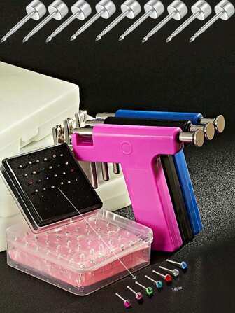 106pcs Reusable Ear Piercing Kit: Complete Ear & Nose Piercing Set - Professional DIY Jewelry Making Set, Including 98 Hypoallergenic Silver Plated Earrings, 1 Piercing Gun And 6 Rhinestone Nose Studs, Designed For Home, Ideal For Students And Personal Ear Piercing, High-Quality Beauty Tools And Accessories