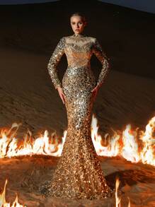 Faeriesty Haute Glamour 女士立领亮片长袖鱼尾晚礼服 - 正式宴会礼服、婚纱摄影、红毯活动、新娘肖像、庆典服装 - 金色 - 查看 5