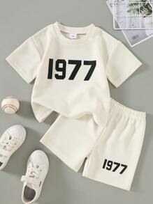 1-5T Toddlers Summer Sports Casual Breathable 1977 Numeric Print T-Shirt & Shorts Sets, Suitable For Boys And Girls - Apricot - View 1