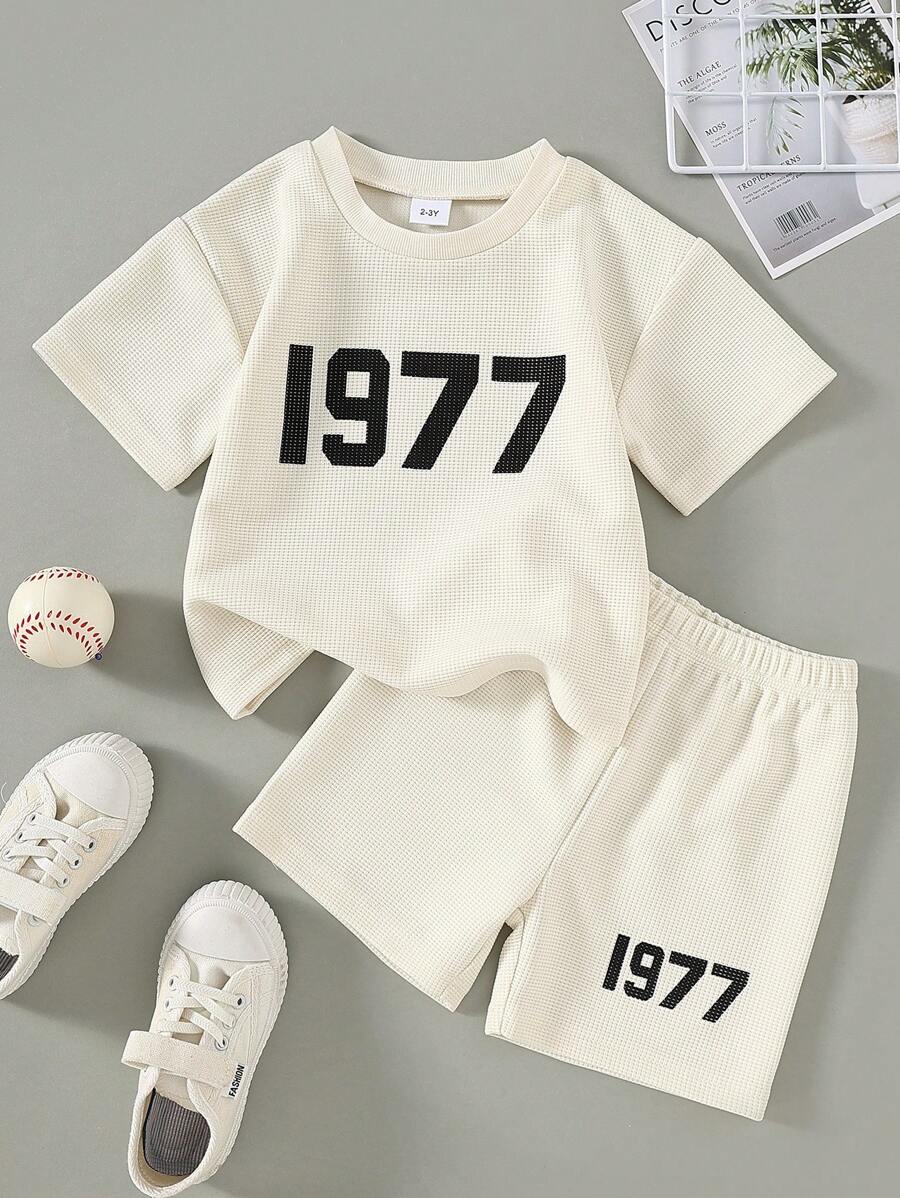 1-5T Toddlers Summer Sports Casual Breathable 1977 Numeric Print T-Shirt & Shorts Sets, Suitable For Boys And Girls - Apricot - View 1