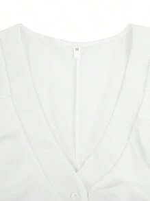 Women Button-Down Ruffle Shirt, Adults Solid Color/Letter/Butterfly/Plant Print V-Neck Long Sleeve Blouse - 白色 - 查看 8