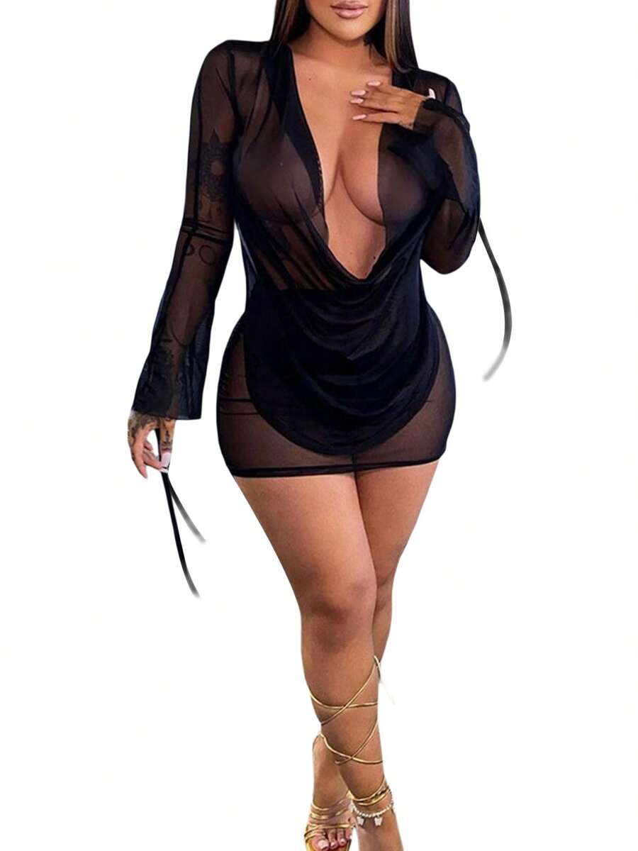 Women Bikini Cover-Ups Solid Color Mesh See-Through Cowl Neck Long Sleeve Tie-Up Wrapped Hip Beach Mini Dress - 黑色 - 查看 1