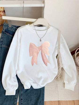 Pulover de damă, casual, roz, cu fundă, decolteu, alb