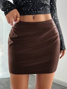 Women Solid Color Bodycon PU Leather Sexy Skirt - Brown - View 5