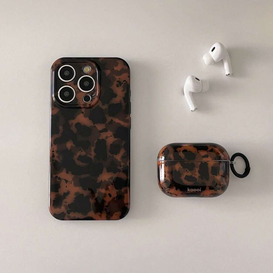 Amber Tortoise Shell High-End Retro Leopard Pattern Silicone Phone Case, Compatible With IPhone 17, 15 Pro Max, Glossy Shock-Resistant Silicone Soft Shell Cover Compatible With Iphone 13, 14 Pro Max, AirPodsPro 2, Suitable For Both Men And Women Spring Gift Birthday Party - Brown - View 1