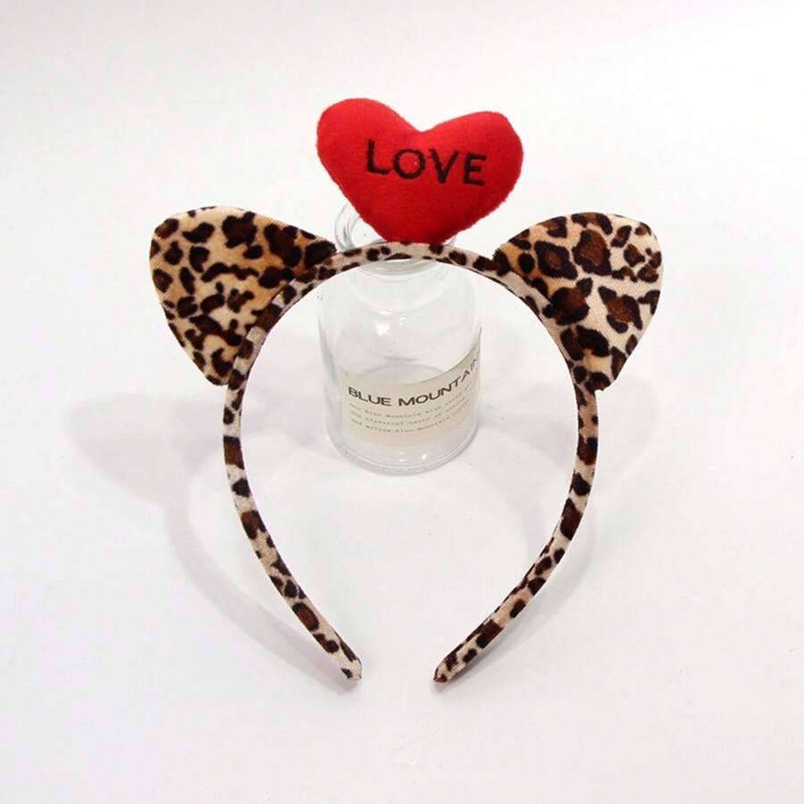1件新款豹纹猫耳爱心发箍，性感头饰，适合情人节、洗脸、派对等场合。 - 彩色 - 查看 1