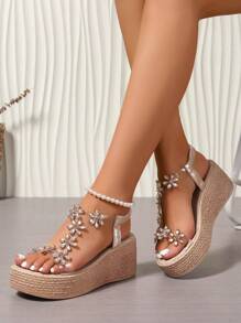 Women's Lightweight & Comfortable Minimalist Open Toe Platform Wedge Sandals With Metallic Decoration, Suitable For Summer Outdoor