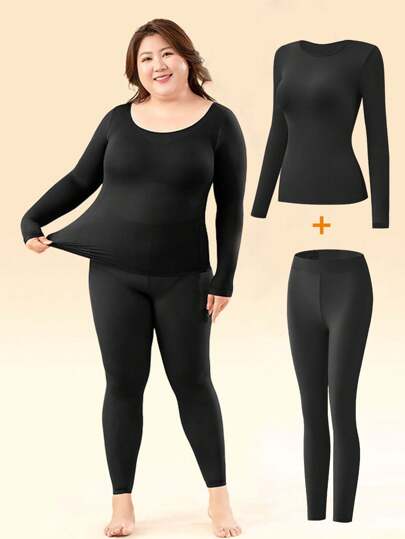 Conjunto de ropa térmica de talla grande para mujer de manga larga y pantalones suave y amigable con la piel para mujer, apto para uso diario en invierno