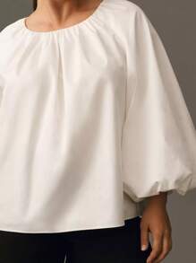 女士加大码圆领优雅纯色上衣灯笼长袖宽松时尚衬衫，春秋日常穿着，情人节白色，后背纽扣 - 白色 - 查看 4