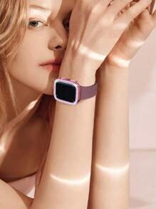 兼容 38mm、40mm、41mm、42mm、44mm、45mm、46mm 和 49mm 的 表带和表壳。采用柔软、运动休闲的硅胶表带，搭配双排镶钻、防震防刮的硬质 PC 穿孔保护壳。兼容 Ultra/11/10/9/8/7/6/5/4/3/SE 女士时尚表带和表壳。佩戴舒适，触控灵敏！ - 煙紫色錶帶+粉紅色殼 - 查看 8