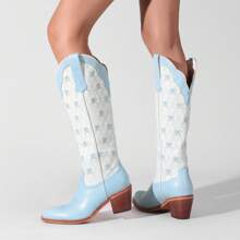 Pasuot Dressy Party Boots With Western Charm: Women's Wide Calf, Knee-High Cowboy Boots With Cute Bow Embroidery, Chunky Heel, Pointed Toe, And Stylish Color-Block Design For Elegant Occasions. - 淺藍色 - 查看 3