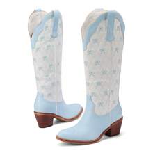 Pasuot Dressy Party Boots With Western Charm: Women's Wide Calf, Knee-High Cowboy Boots With Cute Bow Embroidery, Chunky Heel, Pointed Toe, And Stylish Color-Block Design For Elegant Occasions. - 淺藍色 - 查看 5