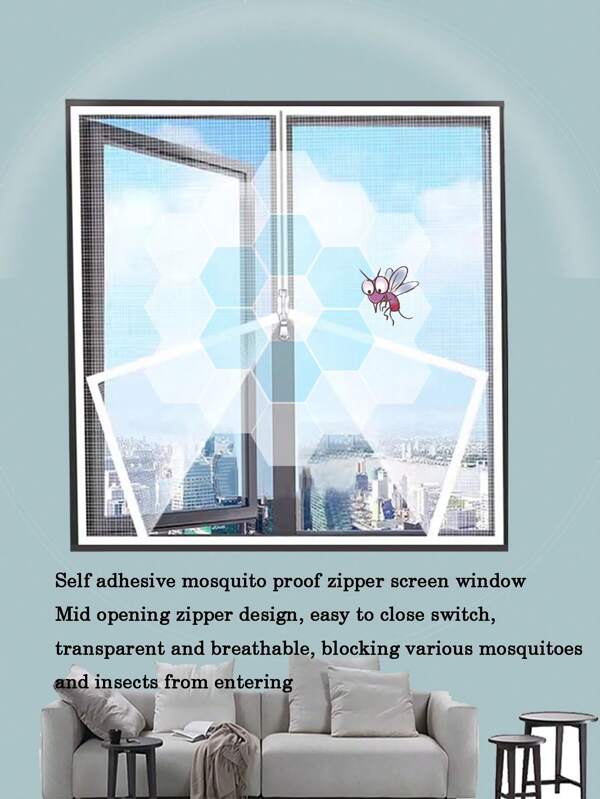 White Zipper Mosquito Net Screen, Self-Adhesive Window Screen Net, Anti-Mosquito Mesh, Easy Install Window Screen No-Drill