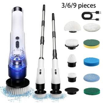  IAGREEA Electric Rotating Cleaning Brush, 3-Speed Adjustable, Cordless Electric Rotating Cleaning Brush, Handheld Spray Gun, Comes With 9/6 Replaceable Brush Heads, 2000mAh Battery, Adjustable Extended Handle, Suitable For Tiles, Bathtub, Sink, Walls, Bathroom, Includes USB-C Charging Cable