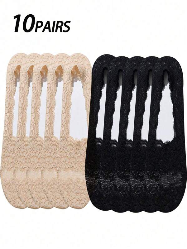 3/5/10 Pairs Ladies No Show Socks With Lace Floral Trim, Breathable & Moisture-Wicking, Comfortable For Summer