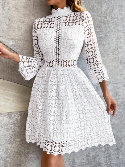 Women Elegant Stand Collar Bell Sleeve Hollow Lace Dress