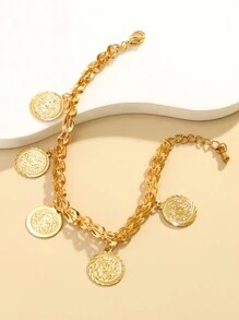 1 pieza Pulsera vintage con moneda de oro redonda y cadena de cola de fénix de metal, adecuado para que las mujeres lo usen como regalo en días festivos diarios