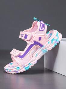 Girls Double Hook And Loop Adjustable Classic Color Casual Sandals, Fashionable & Versatile Children Sport Sandals - Pink - View 6