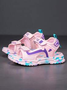 Girls Double Hook And Loop Adjustable Classic Color Casual Sandals, Fashionable & Versatile Children Sport Sandals - Pink - View 2