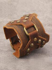 1 件男士朋克摇滚摩托车手链，不对称骑行针双扣宽皮革腕带，哥特式复古皮革手链，男士礼物 - 皮革 - 查看 17