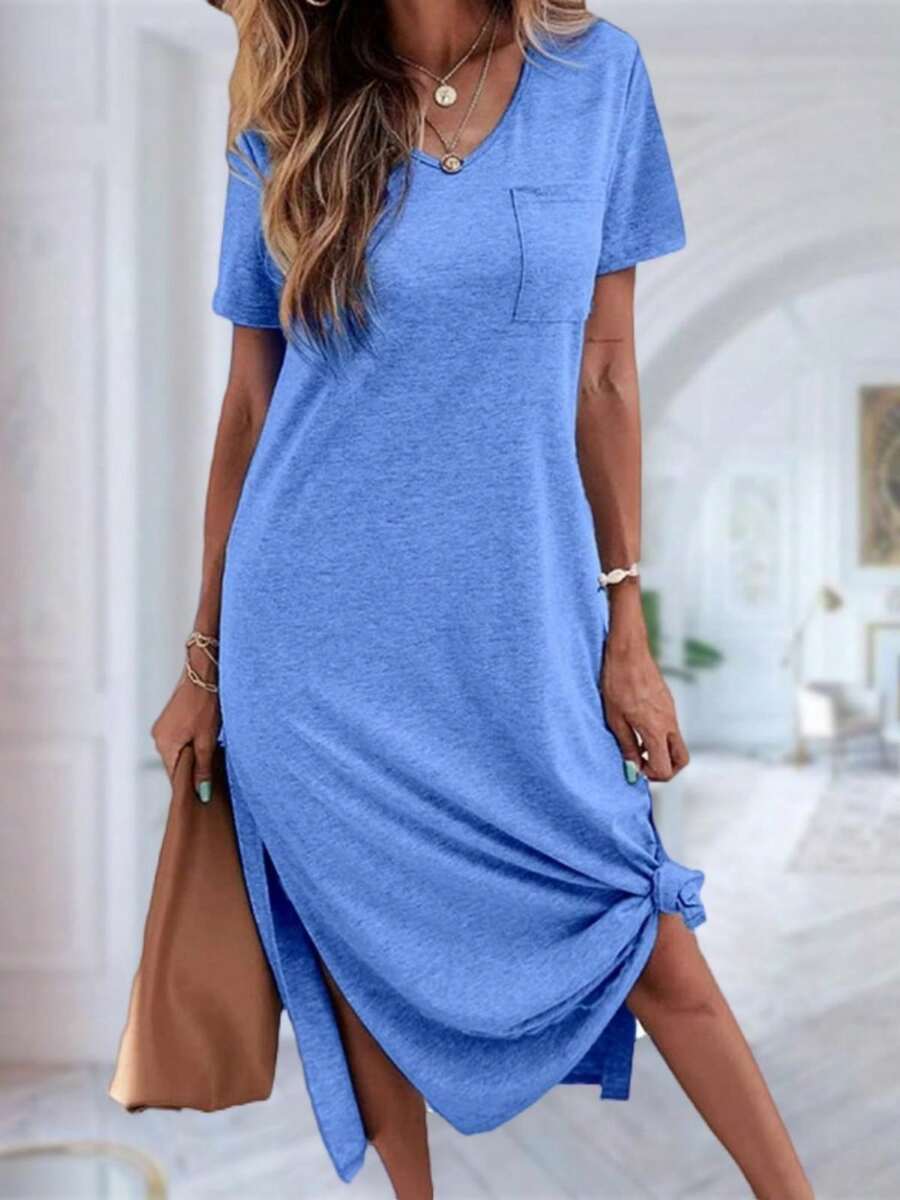 Women Summer T Shirt Dress Casual Short Sleeve V Neck Maxi Dresses Loose Side Slit Long Tshirt Dress With Pockets - 藍色 - 查看 1