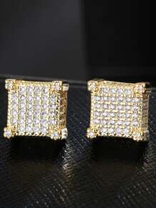 2pcs Luxury Square Stud Earrings, Unisex Hip Hop Cubic Zirconia Earrings, Gold Plated, Party/Birthday/Valentine's Day Jewelry Gift For Boyfriend, Husband, Couples - Earrings - View 16