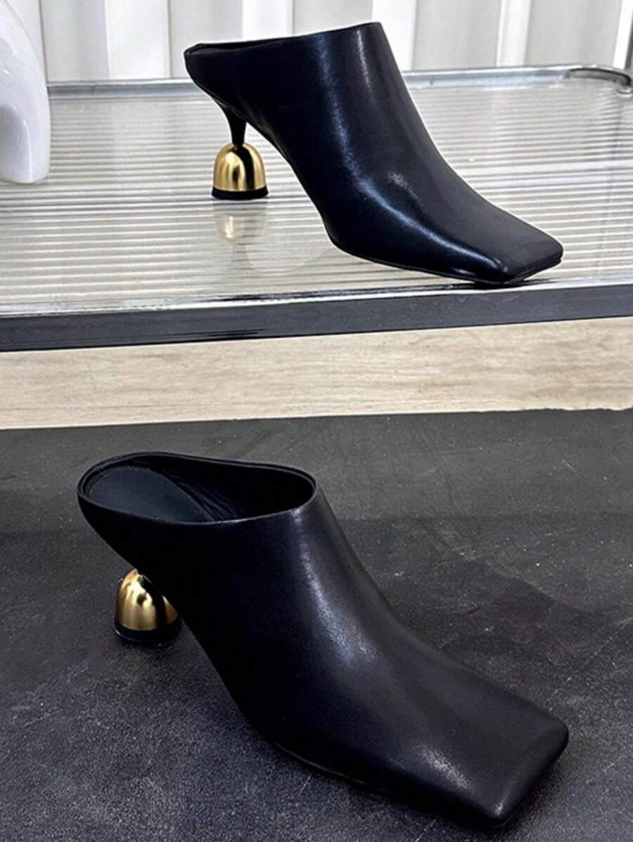 Spring/Summer New Wine Glass Heel Square Toe Slip-On Mules Shoes For Women, Retro Commuter Closed Toe Backless High Heels - Black - View 1