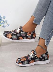 Damskie modne boho stylowe świąteczne dyniowe nadruki casualowe wsuwane buty - Czarne - Zobacz 8