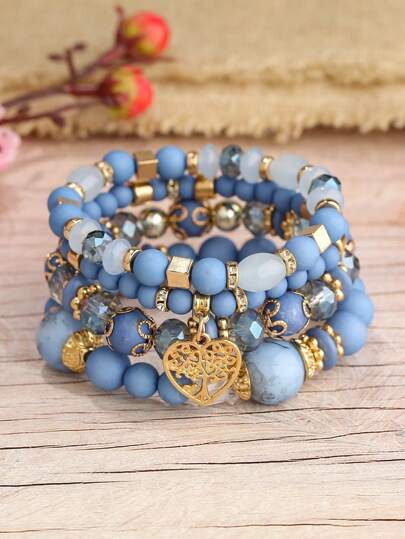 4pcs/Set Bohemian Style Multi-Layer Mixed Crystal Beaded Heart Pendant Bracelet For Women