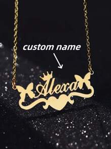 1pc Gold Silver Stylish Niche Simple Custom Cute Butterfly Name Necklace Stainless Steel Name Jewelry Necklace, Personalized Stainless Steel Laser Cut Name Necklace Unique Ideal Gifts For Her Girlfriend, Mom, Family, Friends, Daughter, Her, Grandparents For Anniversaries, For Birthdays, For Daily Wear, For Prom, For Mother's Day, For Valentine's Day, For Graduation, For Weddings Valentines - Multicolor - View 1