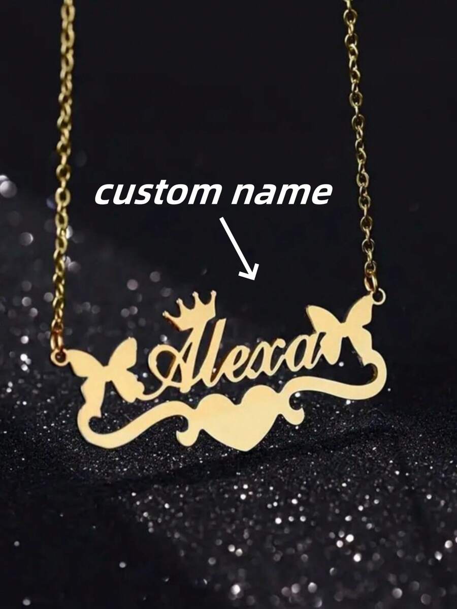 1pc Gold Silver Stylish Niche Simple Custom Cute Butterfly Name Necklace Stainless Steel Name Jewelry Necklace, Personalized Stainless Steel Laser Cut Name Necklace Unique Ideal Gifts For Her Girlfriend, Mom, Family, Friends, Daughter, Her, Grandparents For Anniversaries, For Birthdays, For Daily Wear, For Prom, For Mother's Day, For Valentine's Day, For Graduation, For Weddings Valentines - Multicolor - View 1