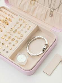 1 pieza Caja de almacenamiento de joyas de PU, Caja de joyas de viaje, Caja de almacenamiento de joyas de cierre a presión, Caja de viaje portátil de doble capa con soporte de exhibición, Caja de almacenamiento multifuncional para joyas, pendientes y anillos, Regalo de Navidad, Regalo del Día de San Valentín