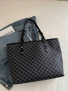 Large Capacity Versatile Printed Tote Bag, Rivet Decor, Retro Floral Print, Spacious Shoulder Bag, Fashionable Daily Handbag - Black - View 7