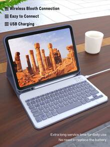 可拆卸无线蓝牙键盘保护套，兼容iPad，支持自动休眠/唤醒功能，内置150mAh电池，超薄轻巧支架，带笔槽 - 紫灰色 - 淡紫色 - 查看 3