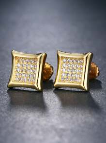 2pcs Luxury Square Stud Earrings, Unisex Hip Hop Cubic Zirconia Earrings, Gold Plated, Party/Birthday/Valentine's Day Jewelry Gift For Boyfriend, Husband, Couples - Earrings - View 13