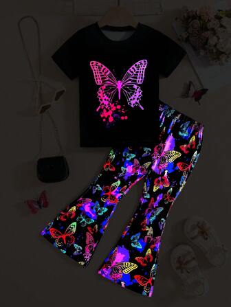 2pcs/Set Toddler Girls' Casual Street Style Colorful Glow-In-The-Dark Butterfly Print Round Neck Short Sleeve T-Shirt And Flare Pants Set, Suitable For Spring/Summer/Autumn Outdoor, Back To School, Commute, Social Occasions