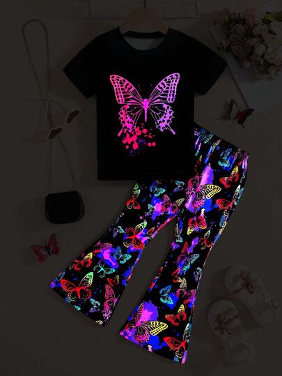 2 pièces/set Style de rue décontracté pour jeune fille, t-shirt graphique avec imprimé papillon luminescent dans le noir et pantalon évasé. Printemps/Été
