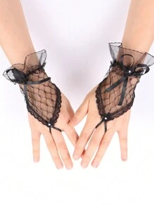 1 par de luvas curtas de renda Dreamy com malha transparente e acabamento em pérolas falsas