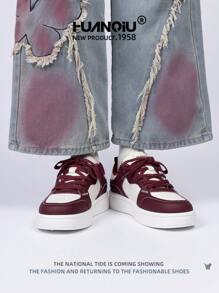 HUANQIU HUANQIU Women's Thick-Soled Fashionable Casual Sports Sneakers, Versatile Comfortable Stylish White Shoes, Suitable For All Seasons, Available In Beige, Wine Red, White, Purple, Student Casual Flat Shoes