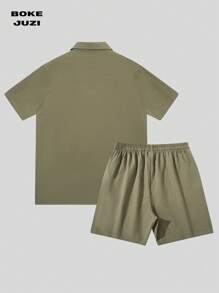 2 Pieces Men's Solid Color Minimalist Short-Sleeved Shirt And Elastic-Waist Shorts Combo Set, Suitable For Daily Wear And Vacation - Army Green - View 2