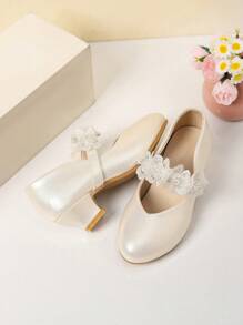 Zantong 儿童高跟鞋，白色蕾丝女童鞋，女童正装鞋闪光公主鞋花朵玛丽珍低跟鞋派对婚礼舞会鞋（儿童/青少年）